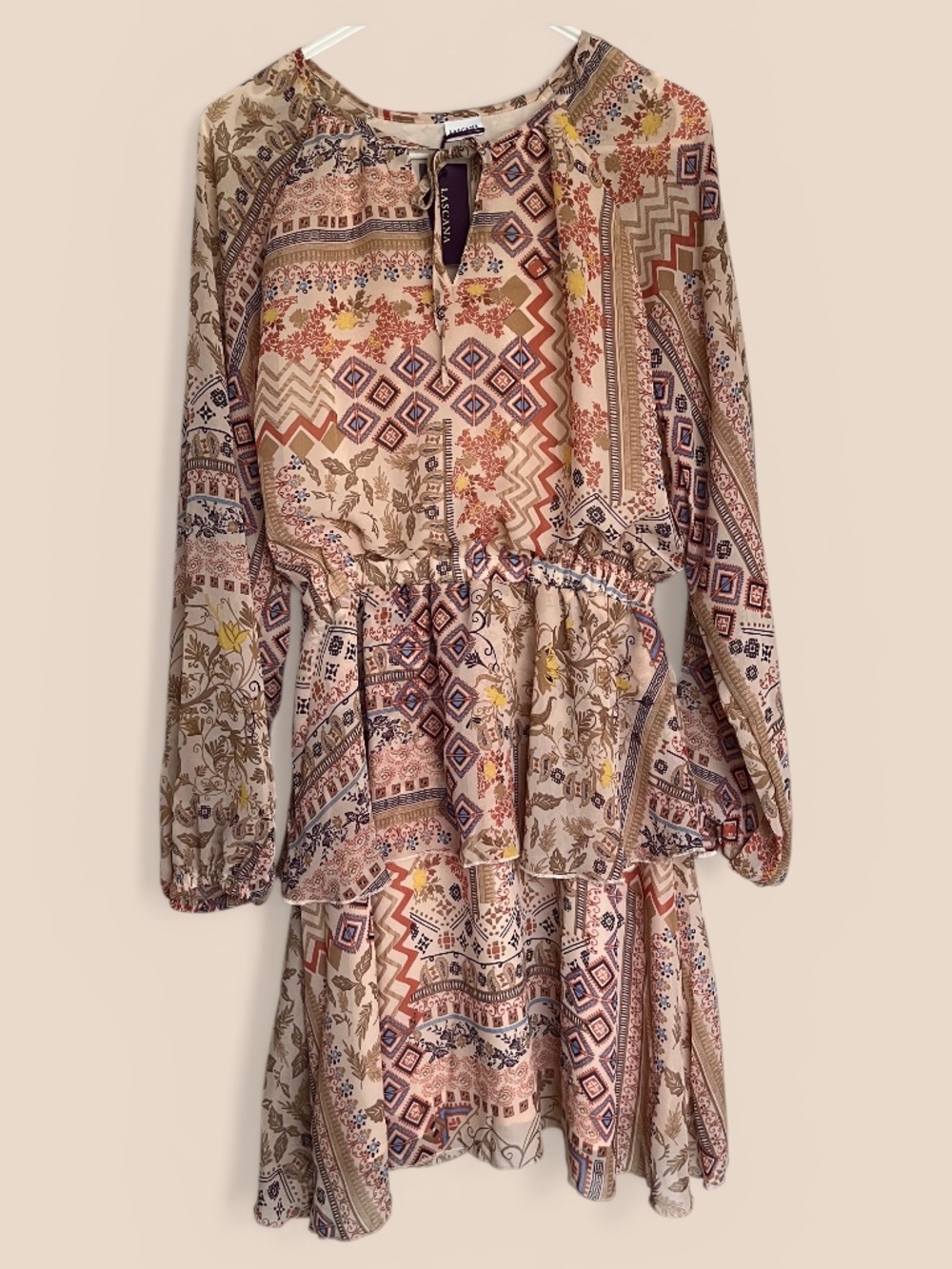 Lascana V-Neck Tiered Southwest Print Long Sleeve Blouson Mini Dress Size L NWT